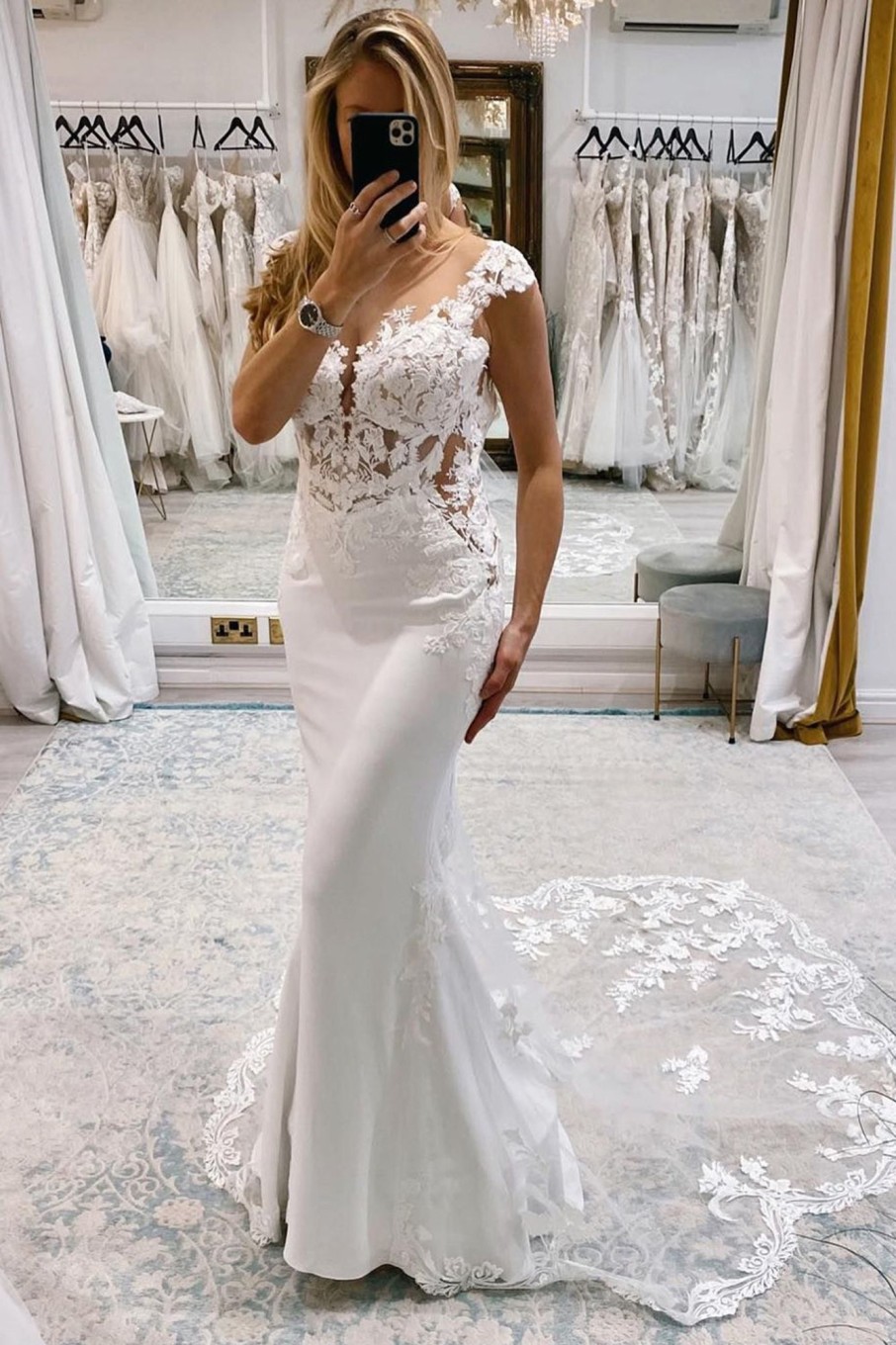 Wedding Dresses HELLYMOON | Mermaid Deep V-Neck Cap Sleeves Long Wedding Dress With Lace White