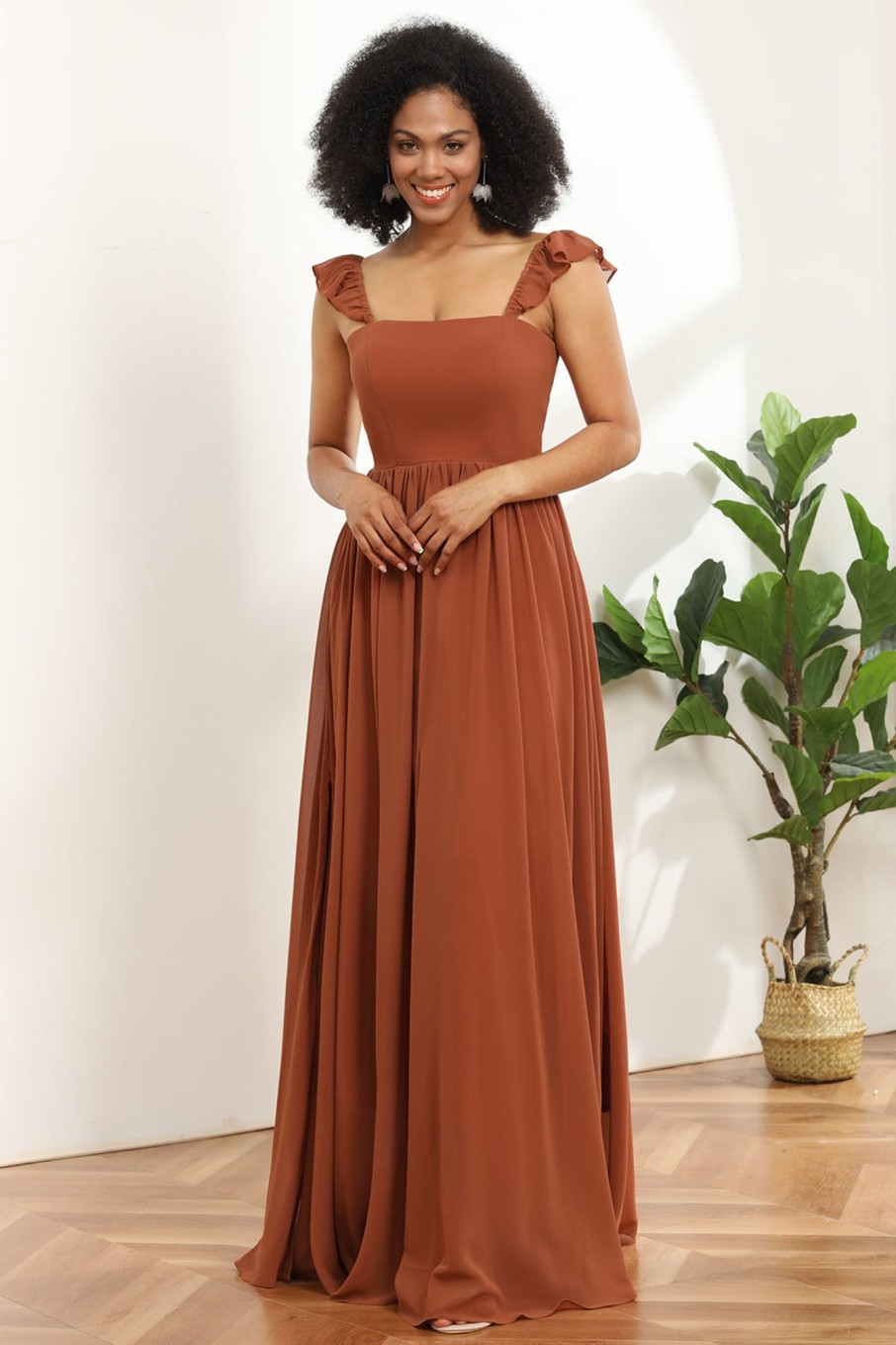 Partywear HELLYMOON | Chiffon A-Line Floor Length Bridesmaid Dress With Ruffles