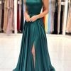 Prom Dresses HELLYMOON | Spaghetti Straps Satin Prom Dress With Lace-Up Back Dark Green