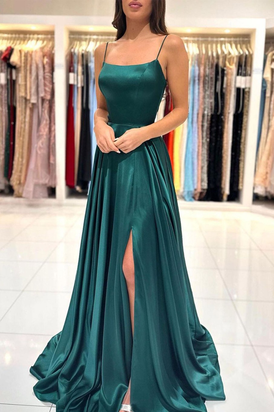 Prom Dresses HELLYMOON | Spaghetti Straps Satin Prom Dress With Lace-Up Back Dark Green