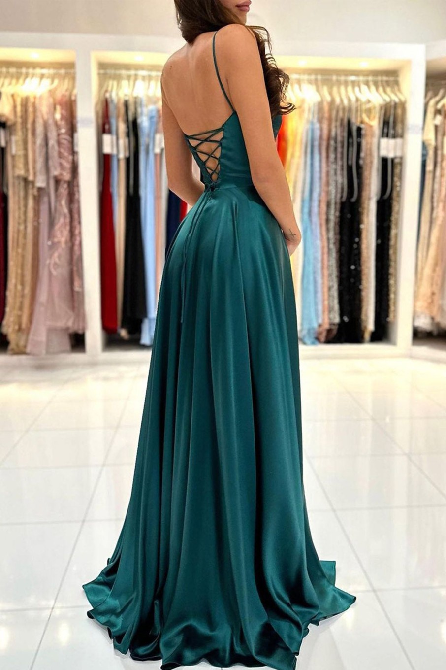 Prom Dresses HELLYMOON | Spaghetti Straps Satin Prom Dress With Lace-Up Back Dark Green