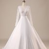 Wedding Dresses HELLYMOON | Satin Sweep Train Long Sleeves Wedding Dress Ivory