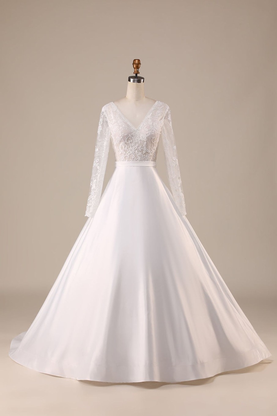 Wedding Dresses HELLYMOON | Satin Sweep Train Long Sleeves Wedding Dress Ivory