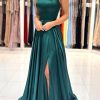 Special Occasion HELLYMOON | Spaghetti Straps Satin Prom Dress With Lace-Up Back Dark Green