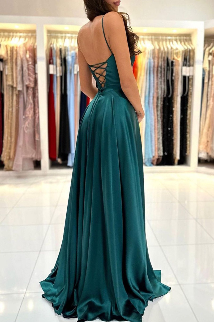 Special Occasion HELLYMOON | Spaghetti Straps Satin Prom Dress With Lace-Up Back Dark Green