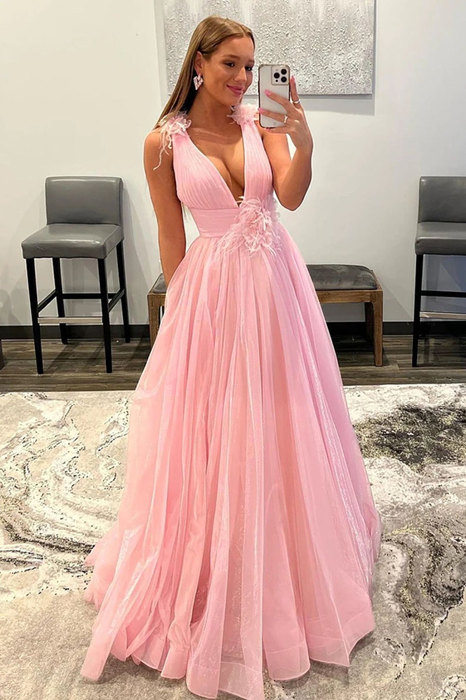 Prom Dresses HELLYMOON | V-Neck Backless Tulle Long Prom Dress Pink