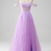 Prom Dresses HELLYMOON | Lavender A Line Tulle Off The Shoulder Prom Dress With Slit Purple