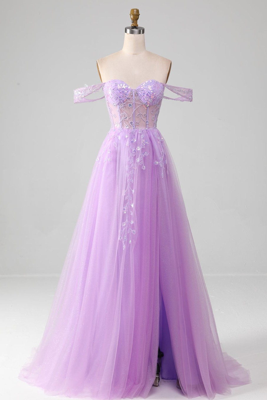 Prom Dresses HELLYMOON | Lavender A Line Tulle Off The Shoulder Prom Dress With Slit Purple