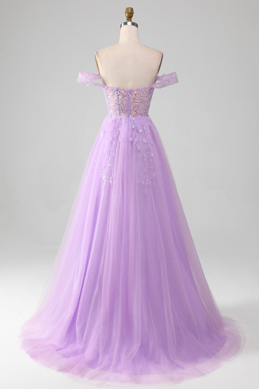 Prom Dresses HELLYMOON | Lavender A Line Tulle Off The Shoulder Prom Dress With Slit Purple