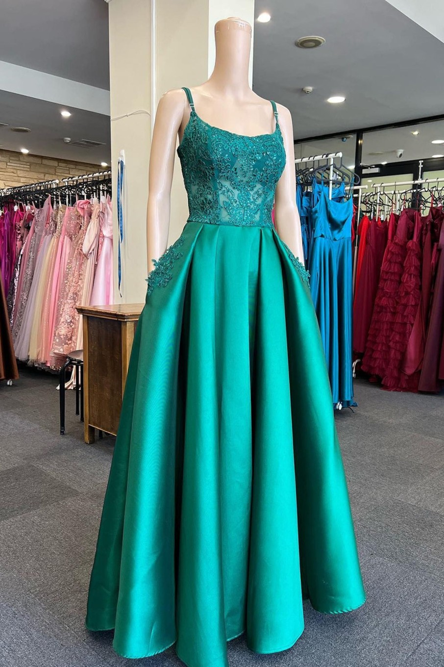 Prom Dresses HELLYMOON | Satin Beaded Prom Dress With Pockets Green