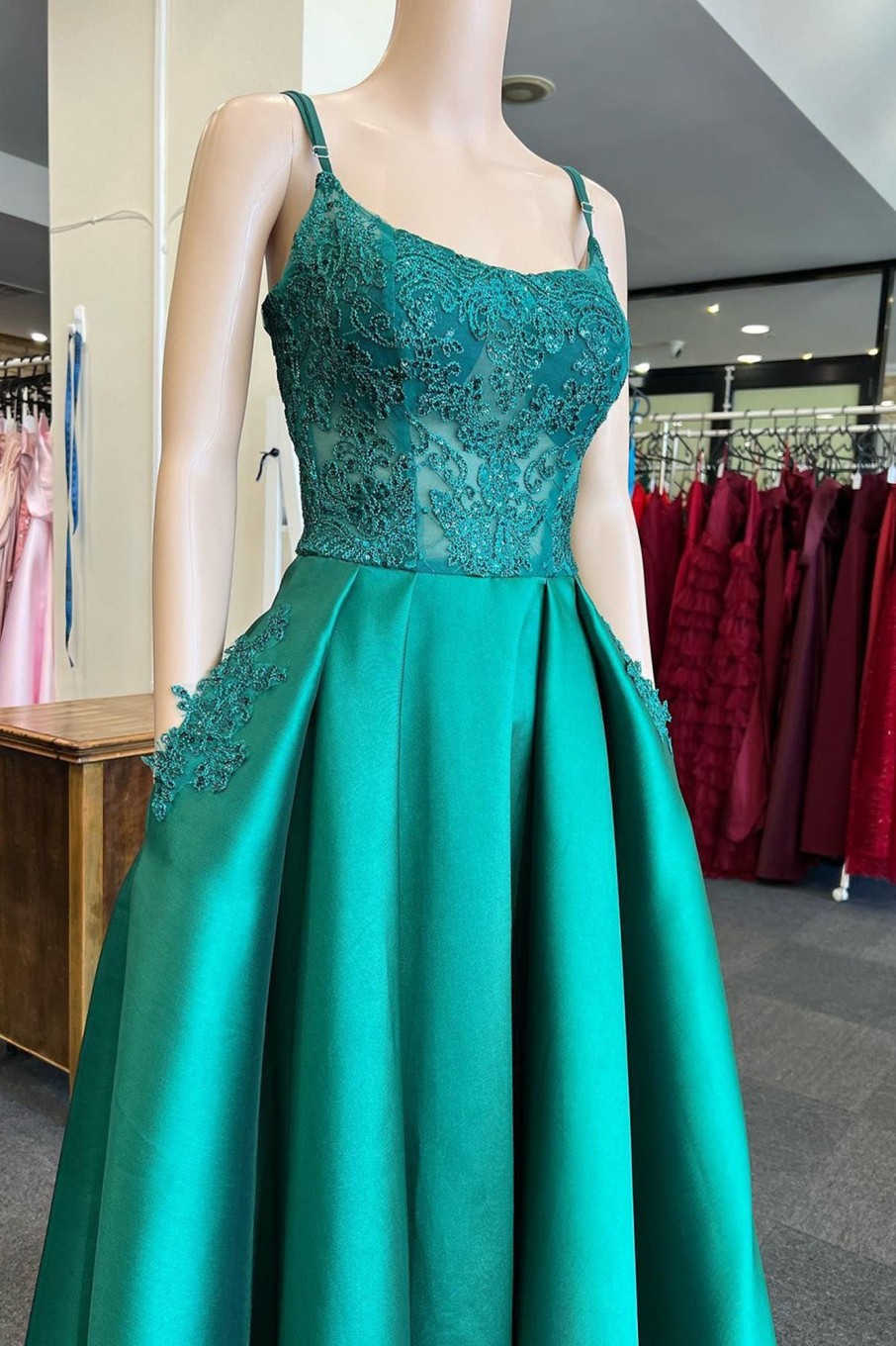 Prom Dresses HELLYMOON | Satin Beaded Prom Dress With Pockets Green