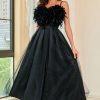 Prom Dresses HELLYMOON | Spaghetti Straps Open Back Prom Dress With Feathers Black