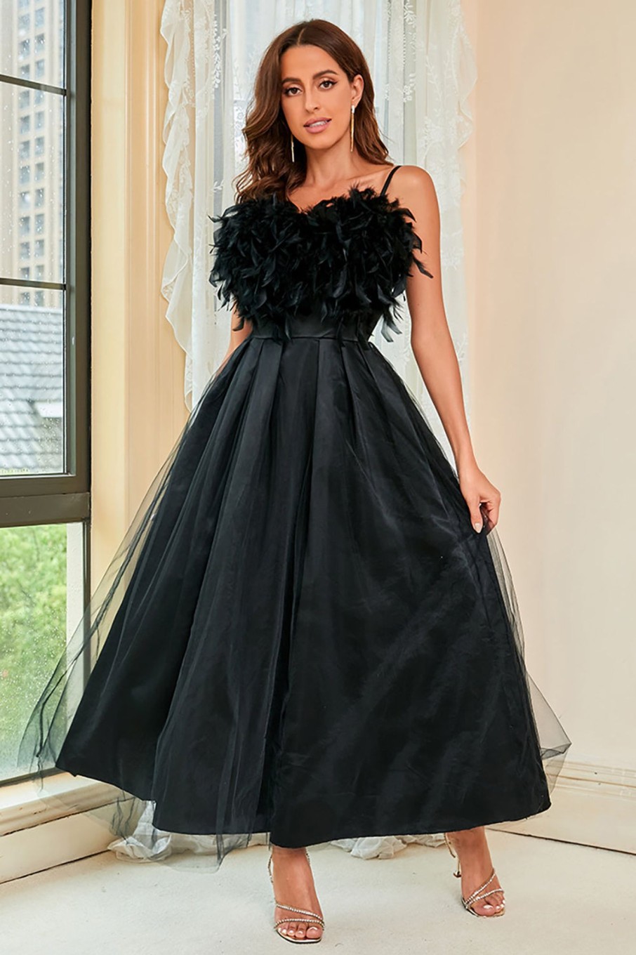 Prom Dresses HELLYMOON | Spaghetti Straps Open Back Prom Dress With Feathers Black