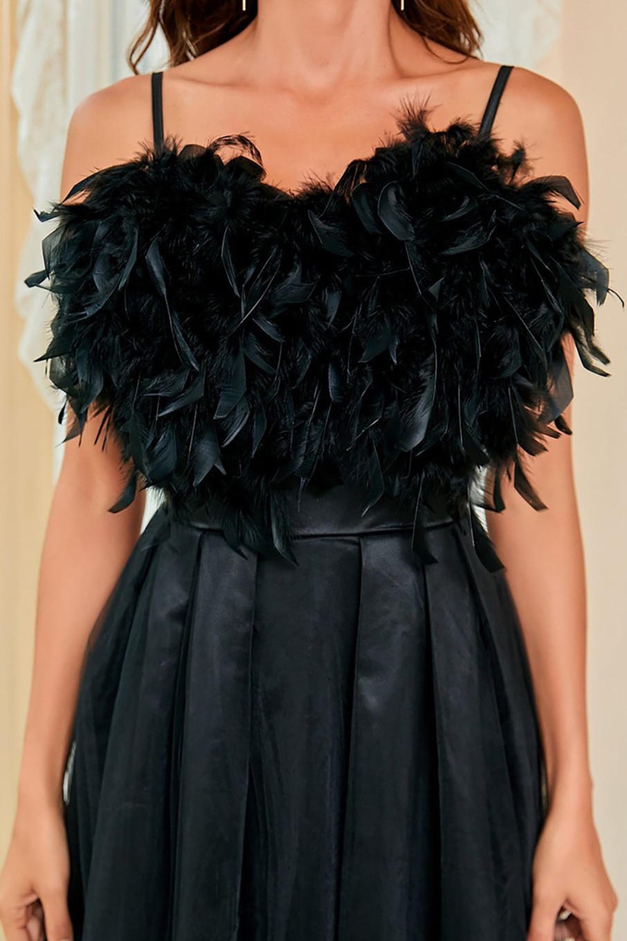 Prom Dresses HELLYMOON | Spaghetti Straps Open Back Prom Dress With Feathers Black