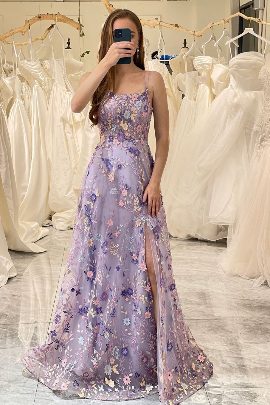 Special Occasion HELLYMOON | A-Line Spaghetti Straps Long Prom Dress With Appliques Mauve