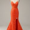 Special Occasion HELLYMOON | Mermaid Spaghetti Straps Long Prom Dress With Slit Orange