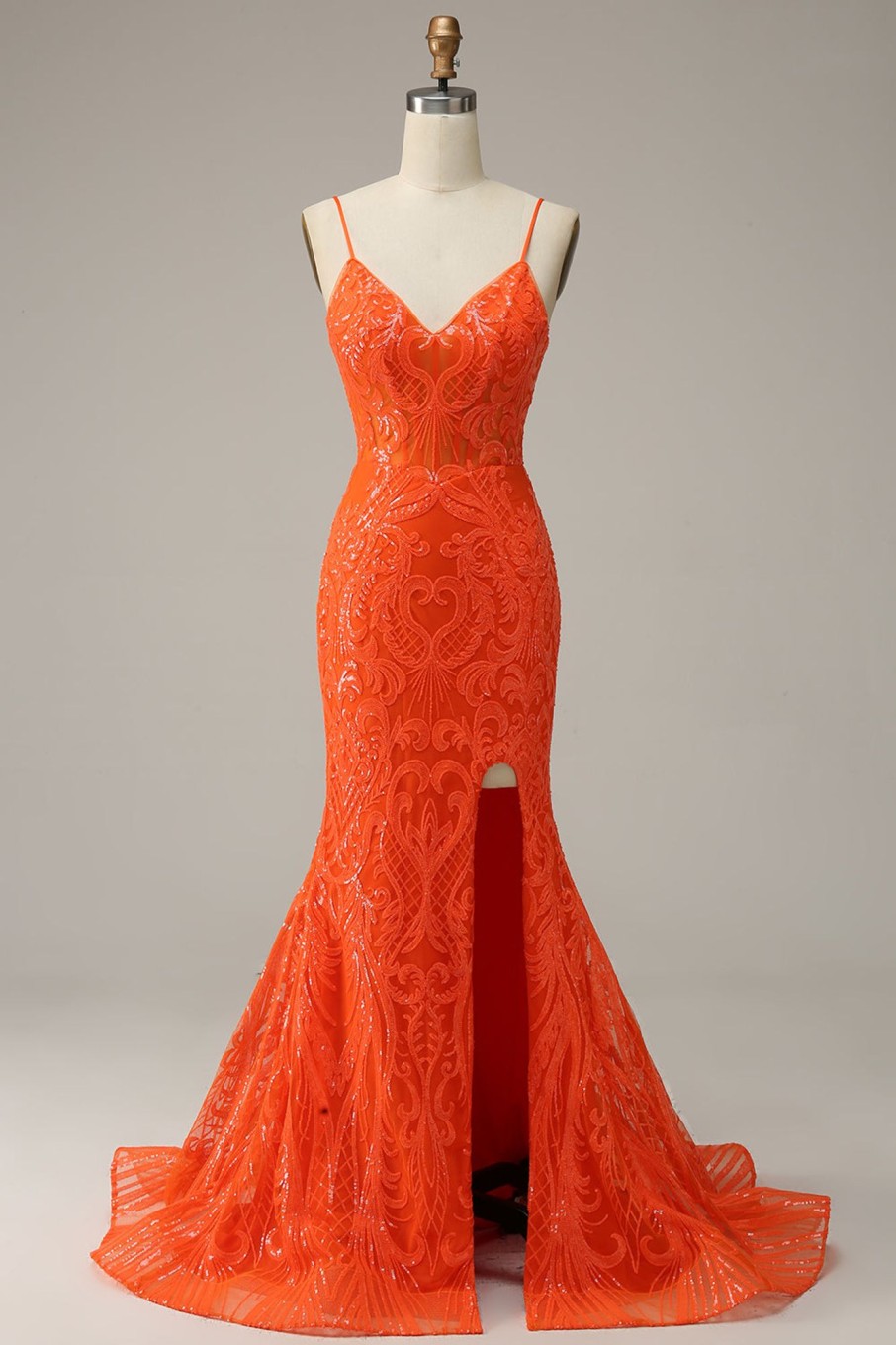 Special Occasion HELLYMOON | Mermaid Spaghetti Straps Long Prom Dress With Slit Orange