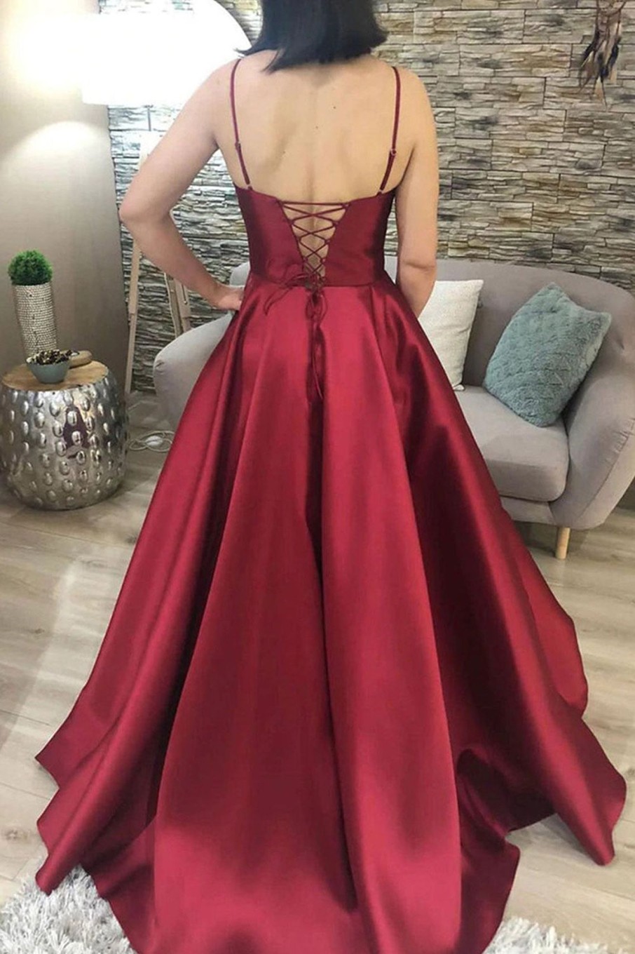 Special Occasion HELLYMOON | A Line Satin Prom Dress With Lace-Up Back Burgundy