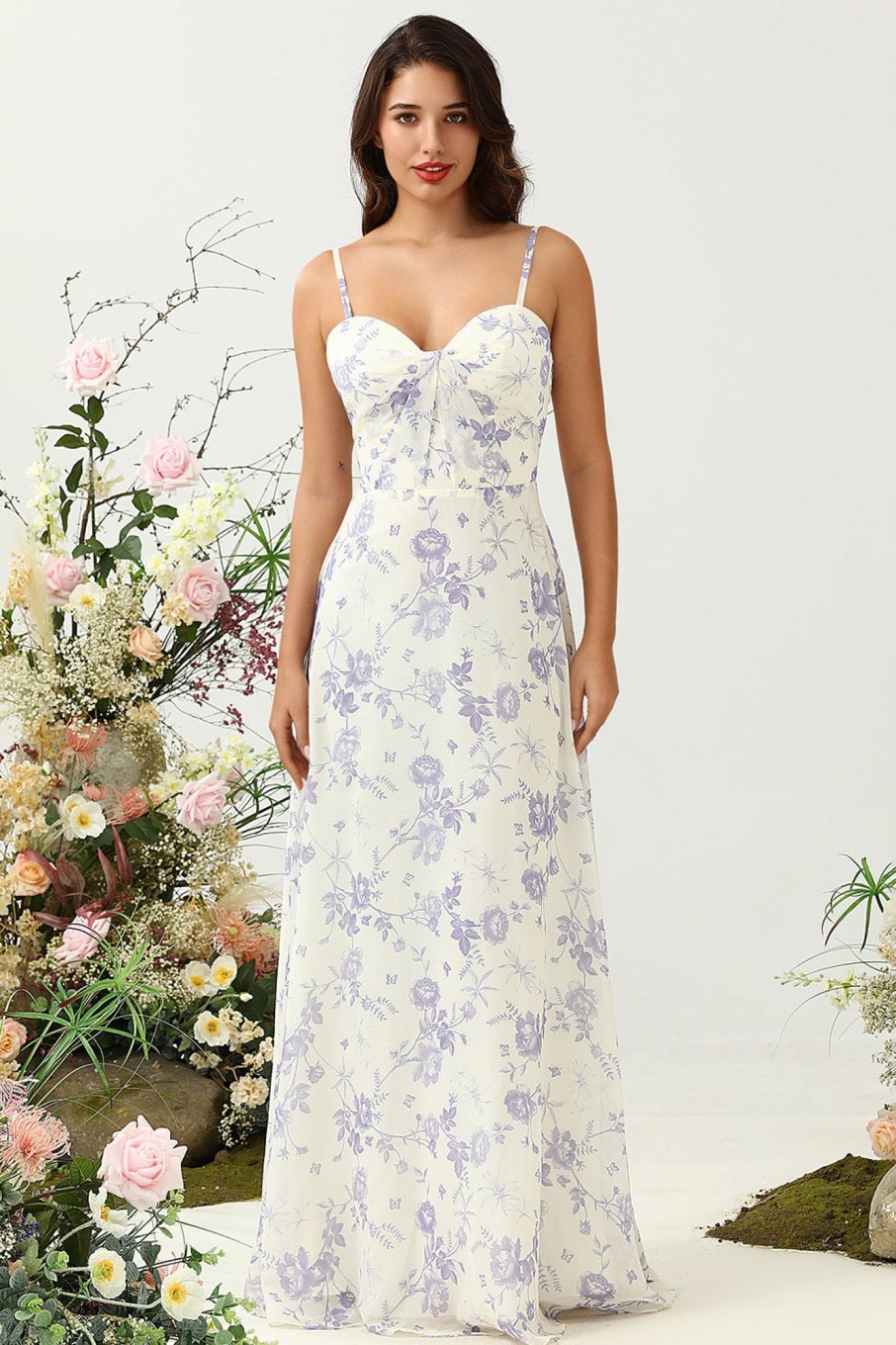 Partywear HELLYMOON | A Line Spaghetti Straps Purple Flower Printed Long Bridesmaid Dress White Blue Flower