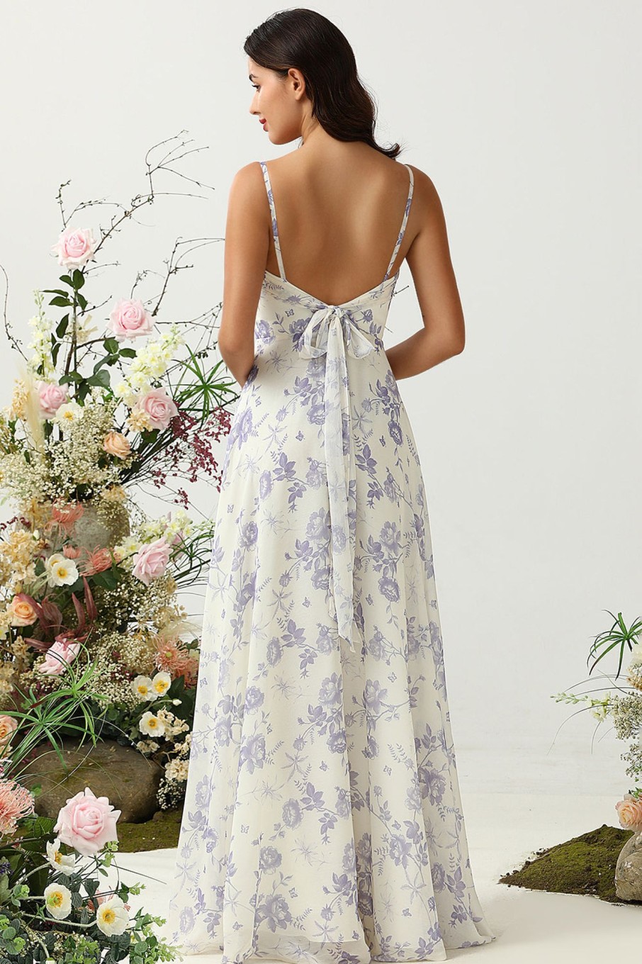 Partywear HELLYMOON | A Line Spaghetti Straps Purple Flower Printed Long Bridesmaid Dress White Blue Flower