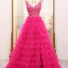 Prom Dresses HELLYMOON | Spaghetti Straps A-Line Tulle Beaded Prom Dress With Slit Fuchsia