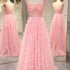 Prom Dresses HELLYMOON | A-Line Off The Shoulder Long Bridesmaid Dress With 3D Flowers Pink