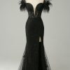 Prom Dresses HELLYMOON | Off The Shoulder Mermaid Prom Dress With Feathers Black