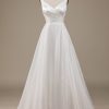 Wedding Dresses HELLYMOON | Simple Organza Scoop Neck Sweep Train Wedding Dress Ivory