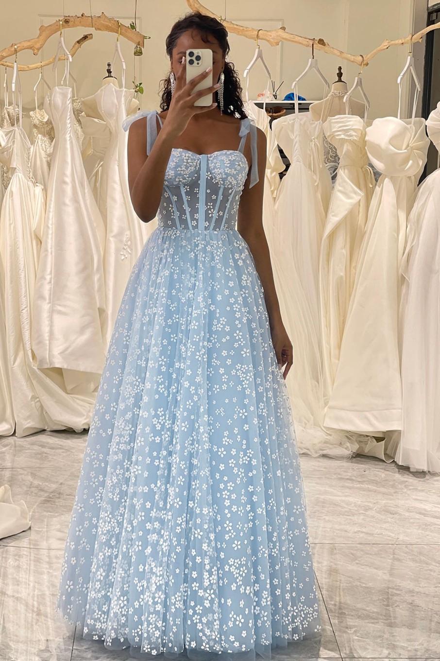 Prom Dresses HELLYMOON | A-Line Printed Spaghetti Straps Corset Prom Dress Sky Blue