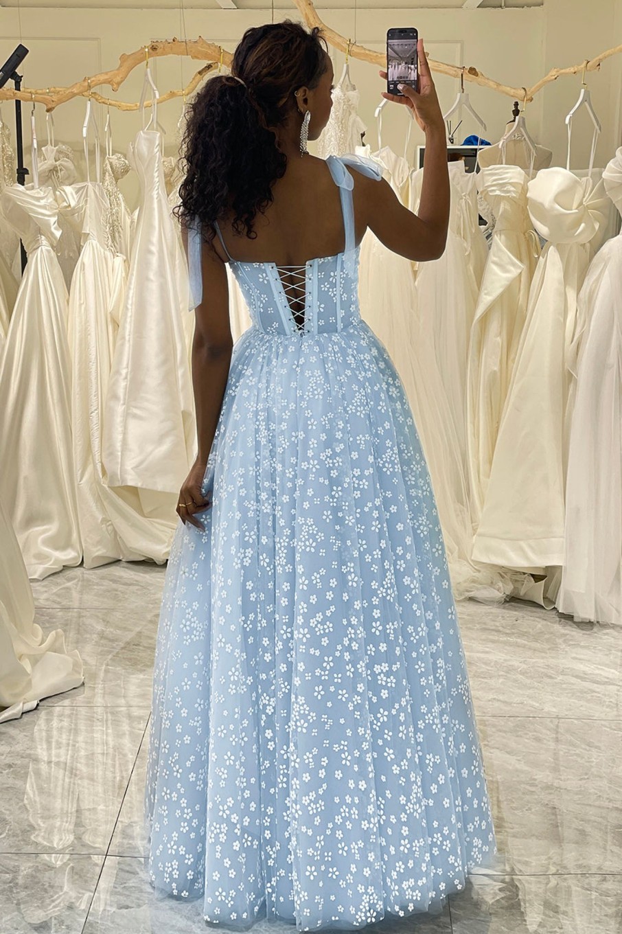 Prom Dresses HELLYMOON | A-Line Printed Spaghetti Straps Corset Prom Dress Sky Blue