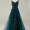 Special Occasion HELLYMOON | A Line Tulle Appliques Prom Dress With Slit Dark Green