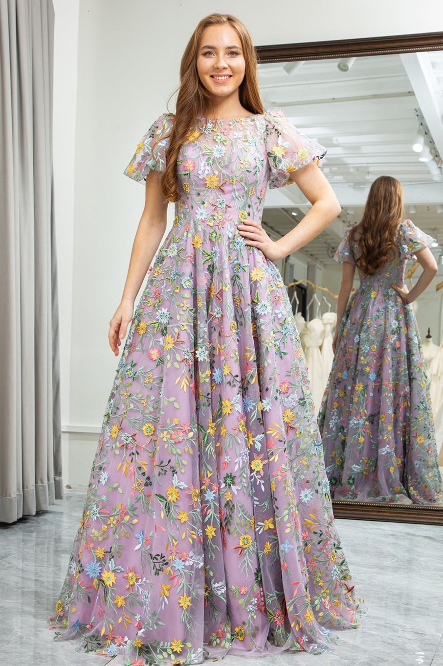 Prom Dresses HELLYMOON | A-Line Round Neck Prom Dress With Appliques Mauve