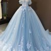 Prom Dresses HELLYMOON | Off The Shoulder Tulle Quinceanera Dresses With Appliques Blue