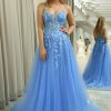 Prom Dresses HELLYMOON | Spaghetti Straps A-Line Tulle Prom Dress With Appliques Blue