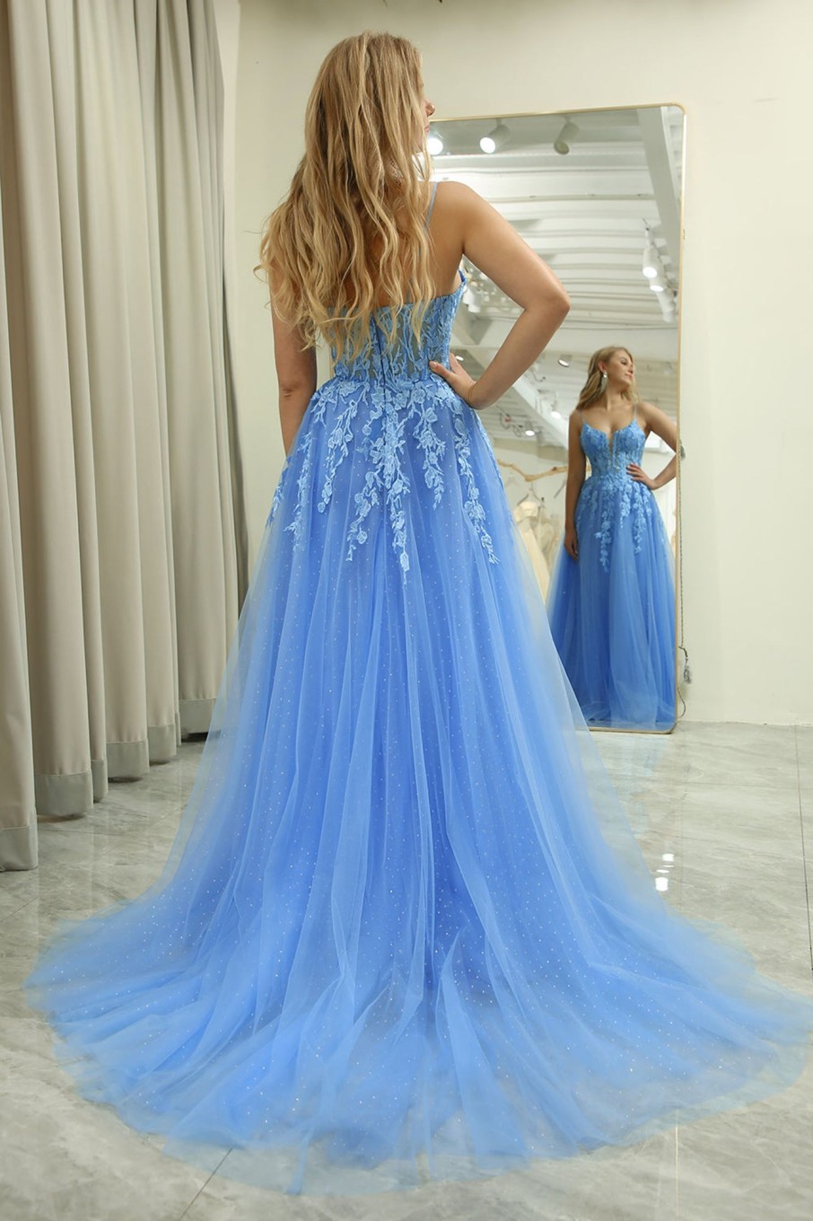 Prom Dresses HELLYMOON | Spaghetti Straps A-Line Tulle Prom Dress With Appliques Blue