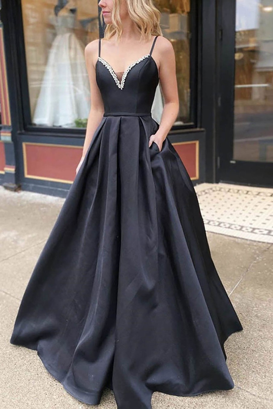 Special Occasion HELLYMOON | A Line Satin Beading Prom Dress With Pockets Black