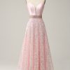 Prom Dresses HELLYMOON | A Line Spaghetti Straps Princess Prom Dress With Beading Pink