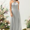 Special Occasion HELLYMOON | Simple Halter Long Bridesmaid Dress With Slit Grey