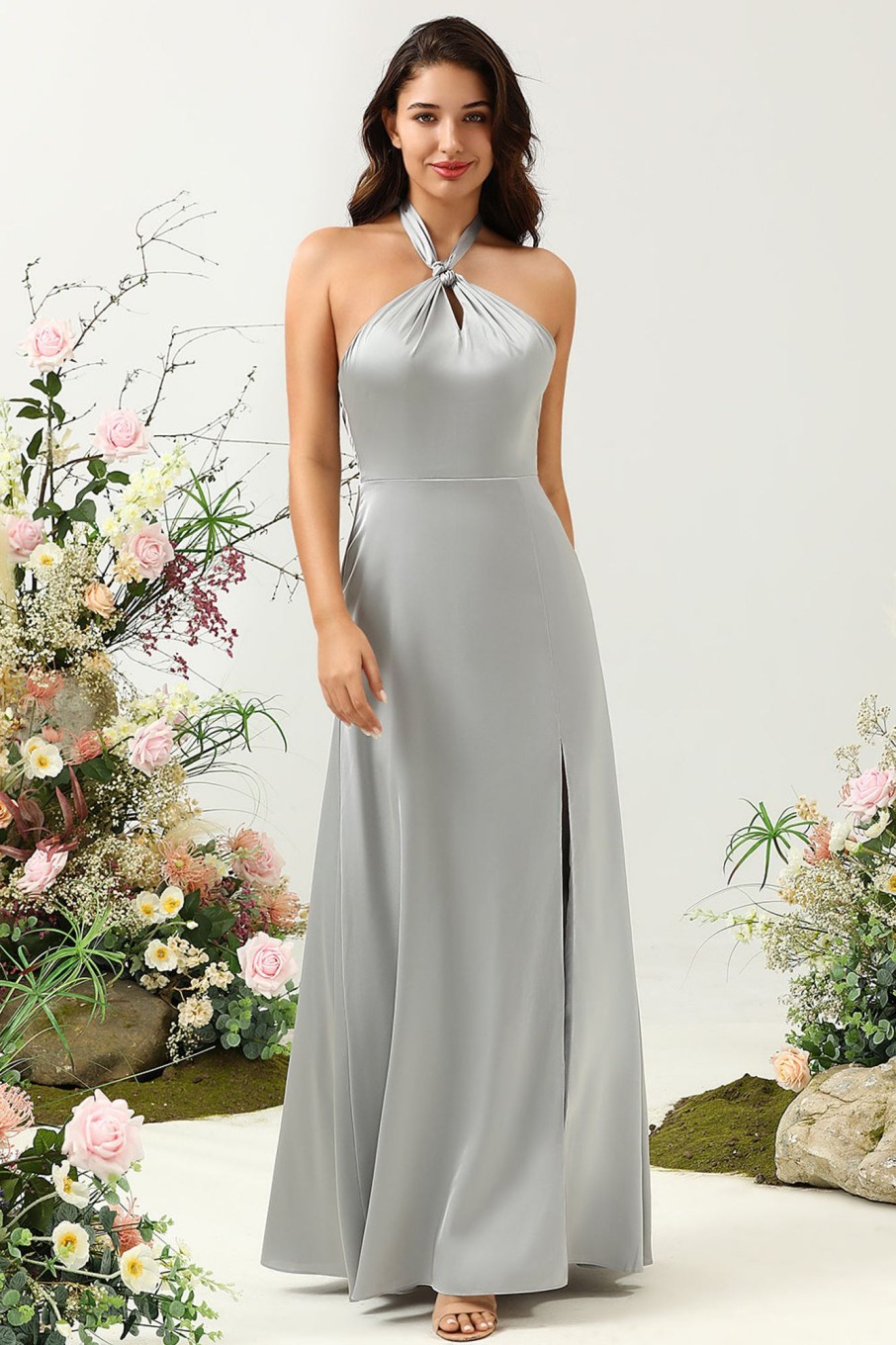 Special Occasion HELLYMOON | Simple Halter Long Bridesmaid Dress With Slit Grey