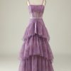 Special Occasion HELLYMOON | Floral Print Spaghetti Straps Tulle Corset Prom Dress Purple