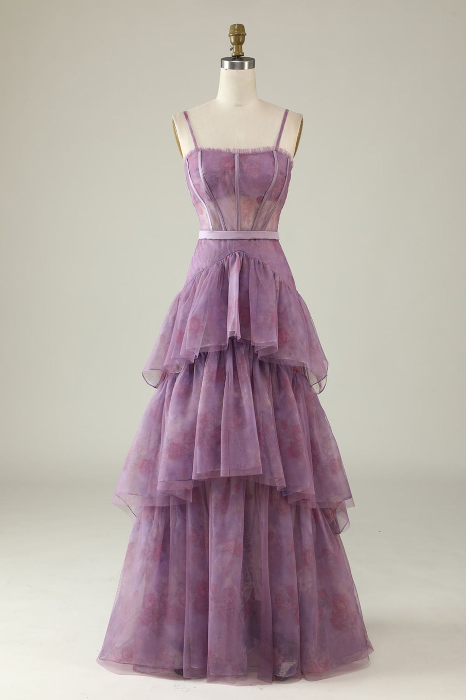 Special Occasion HELLYMOON | Floral Print Spaghetti Straps Tulle Corset Prom Dress Purple