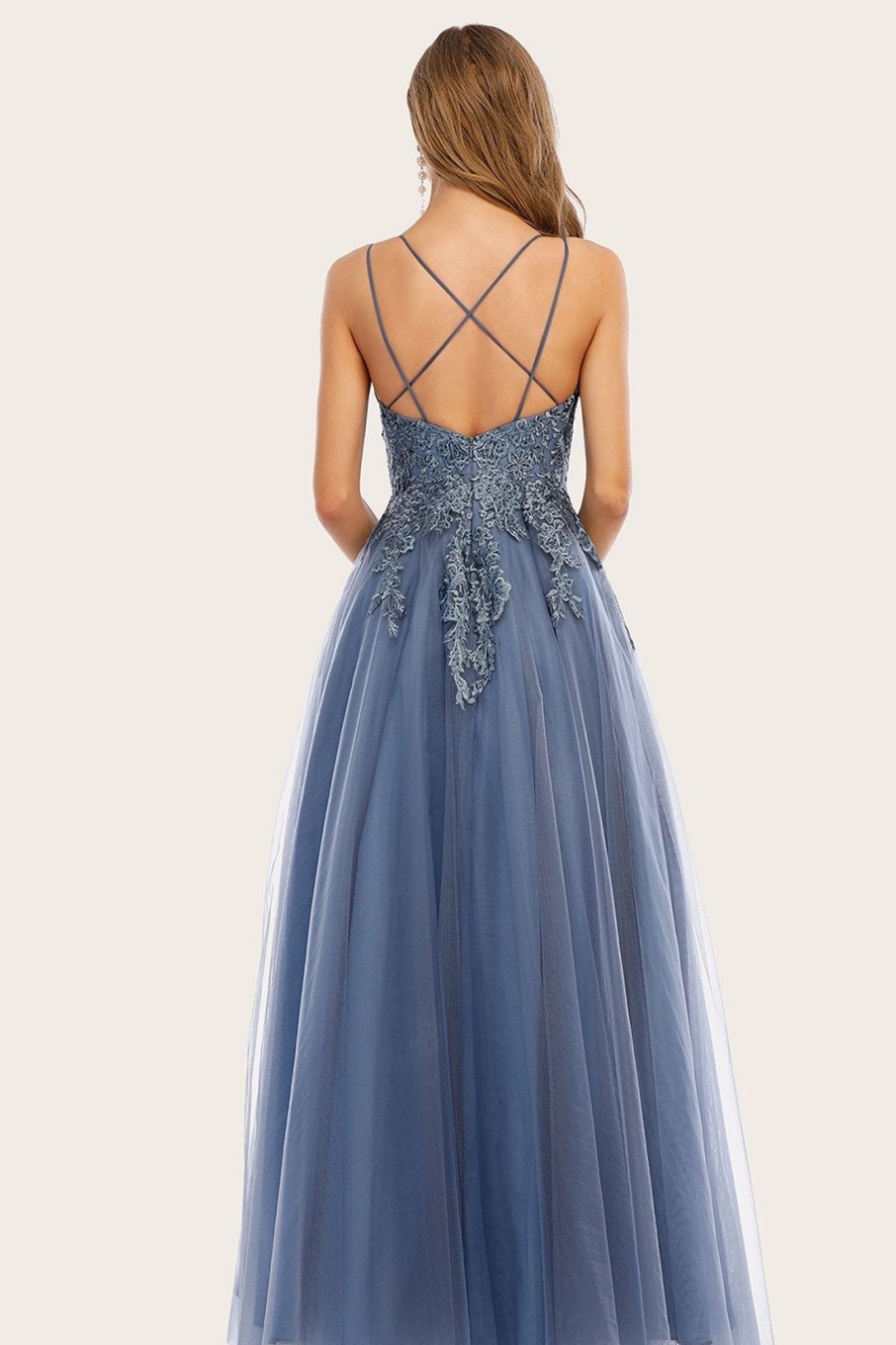 Special Occasion HELLYMOON | Dusty Long Prom Dress With Lace Blue