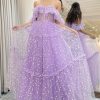 Prom Dresses HELLYMOON | A Line Off The Shoulder Tulle Long Corset Prom Dress Lilac