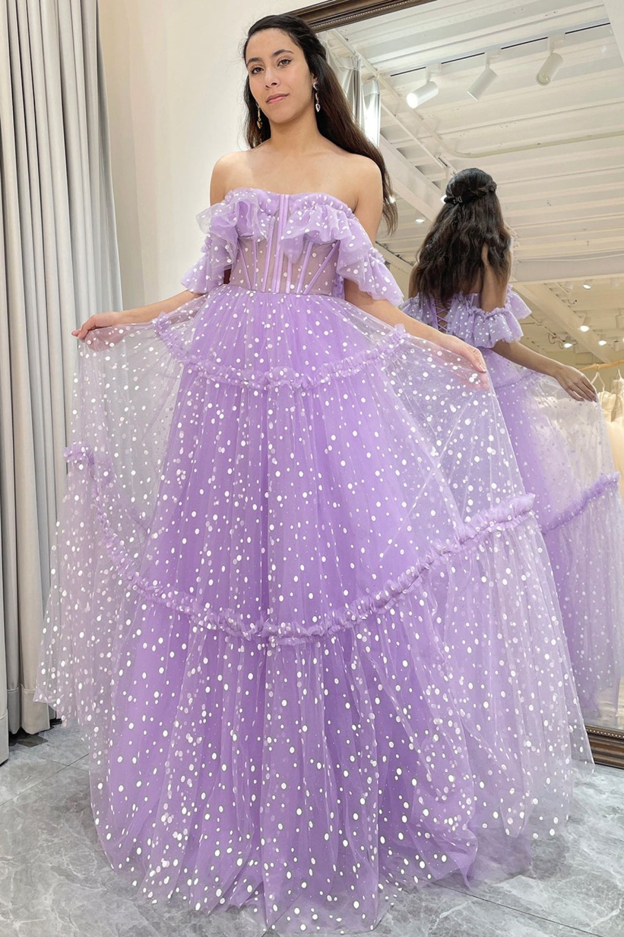 Prom Dresses HELLYMOON | A Line Off The Shoulder Tulle Long Corset Prom Dress Lilac