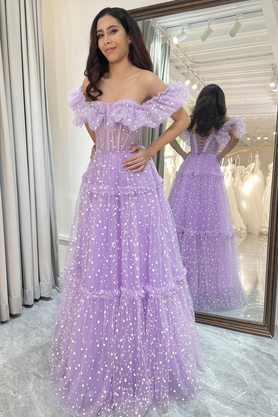 Prom Dresses HELLYMOON | A Line Off The Shoulder Tulle Long Corset Prom Dress Lilac