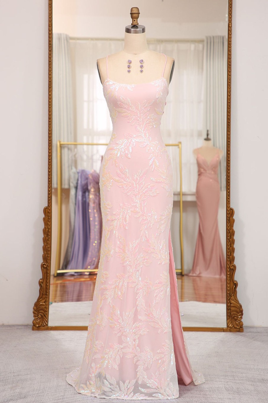 Prom Dresses HELLYMOON | Sparkly Mermaid Spaghetti Straps Long Prom Dress With Sequins Pink