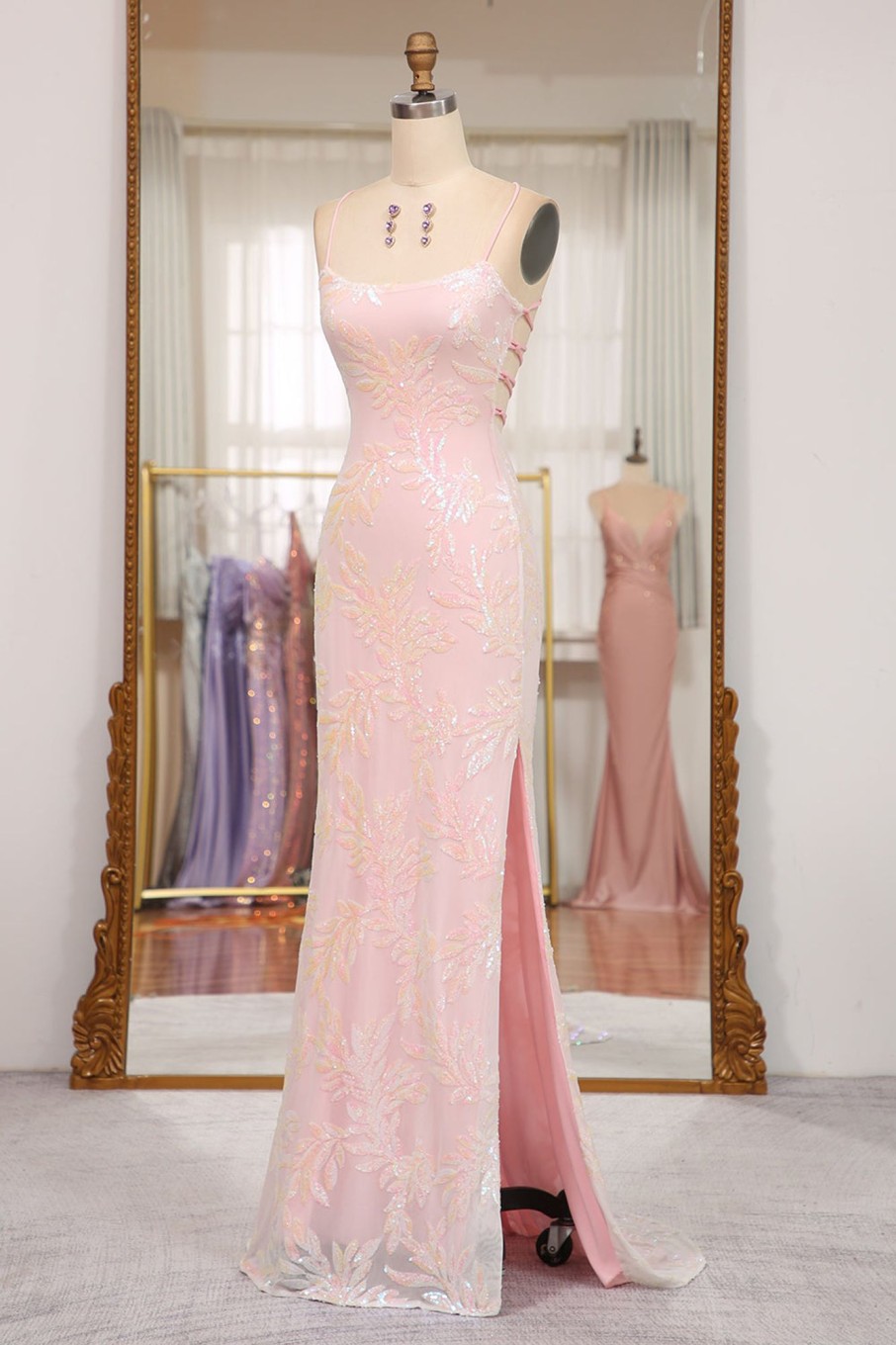 Prom Dresses HELLYMOON | Sparkly Mermaid Spaghetti Straps Long Prom Dress With Sequins Pink