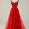 Special Occasion HELLYMOON | A Line Tulle Appliques Prom Dress With Slit Red