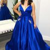 Special Occasion HELLYMOON | Spaghetti Straps Satin A Line Prom Dress With Bow Pockets Royal Blue