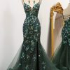 Prom Dresses HELLYMOON | Mermaid Spaghetti Straps Beaded Prom Dress With Split Dark Green